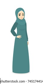 muslim beautiful cute girl woman in hijab - Full-length standing Portrait, vector illustration, flat style cartoon