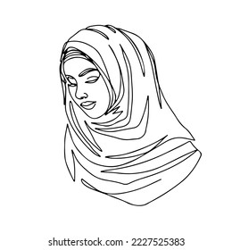 Muslim beautiful   portrait of woman in hijab on a white background. Vector logo and branding design. Modern trend one line art