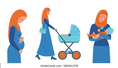 Muslim beautiful woman walks with a stroller, pregnant muslim woman, muslim woman holding a baby in her arms set of vector illustrations isolated on white background. Conceptual illustration in flat s