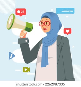 Muslim blue hijab young girl holding megaphone shouting loud announcing social media Promotion advertising concept