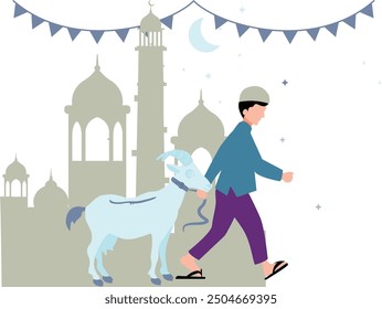 A Muslim boy is carrying a goat.