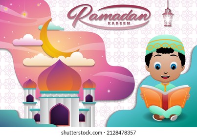 Muslim boy cartoon sitting on floor while reading Quran, mosque with crescent moon, Ramadan month elements
