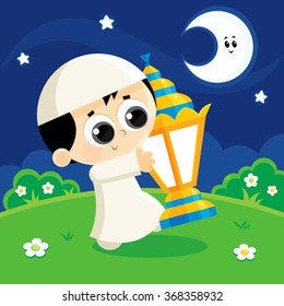 Muslim boy Celebrating Ramadan and carrying a lantern