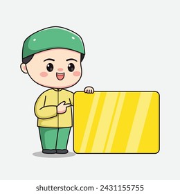 Muslim boy character with a board for text