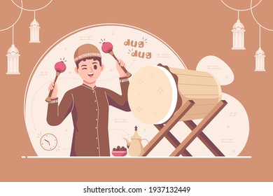 muslim boy character hitting bedug means islamic drum in the month of ramadan illustration