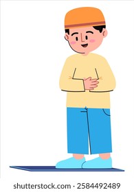 Muslim boy child character smiling happy facial expression focus salat praying position Islam religion prayer obligation spirituality activity male kid person icon design colorful illustration