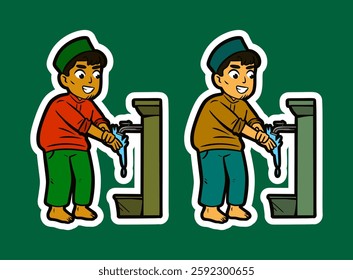 Muslim Boy doing Ablution Cartoon Sticker Illustration