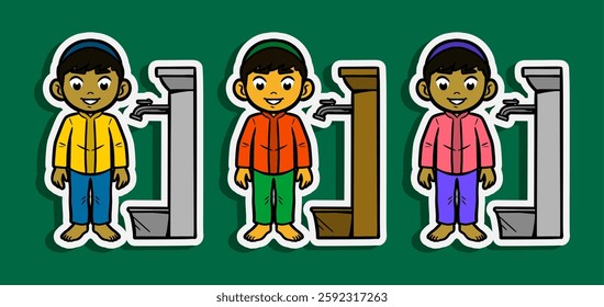 Muslim Boy doing Ablution Cartoon Sticker Illustration