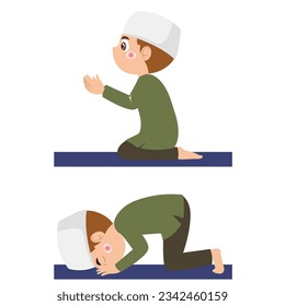 Muslim boy doing yoga in the mosque. Vector illustration on white background.