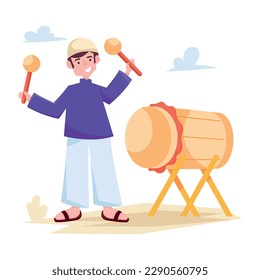 Muslim boy drum beating, flat illustration 