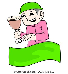 Muslimischer Junge eid al fitr Template Banner bringt Essen, Vektorgrafik Kunst. doodle Symbol-Bild kawaii.
