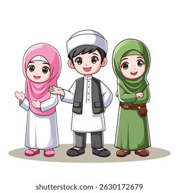 Muslim boy and girl characters on white background