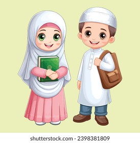 Muslim boy and girl cute cartoon illustration