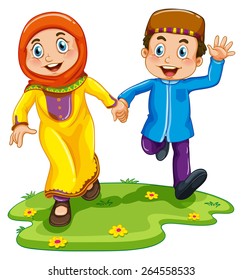 Muslim boy and girl holding hands