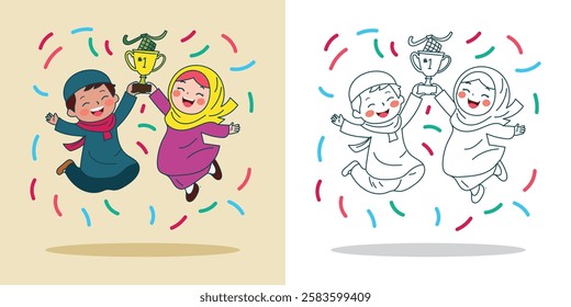 a Muslim boy and girl jumping happily while holding a trophy for a design element or coloring book element