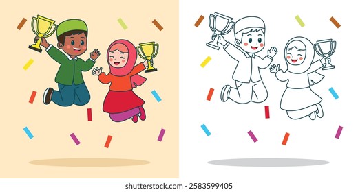 a Muslim boy and girl jumping happy while holding a trophy for a design element or coloring book element