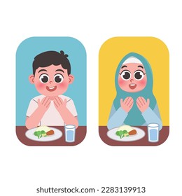 muslimischer Junge oder Mädchen, beten vor dem Essen, flache Design-Illustration 