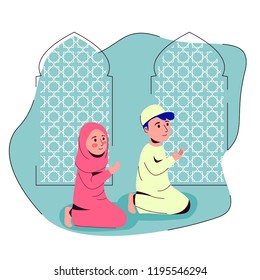 Muslim Boy And Girl Praying Together in Mosque After Shalat Vector Flat Cartoon Illustration