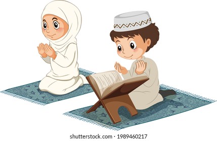 Muslim boy and girl sitting on the prayer rug while praying