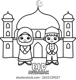 Muslim Boy and Girl in Traditional Dress with Mosque and Eid Mubarak text