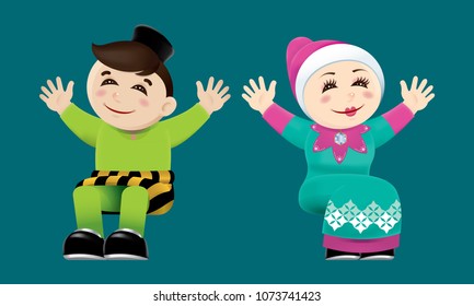 Muslim boy and girl waving their hands. With color background.