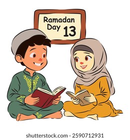 Muslim boy and girl wearing  Muslim attire, sitting together and reading the Quran.