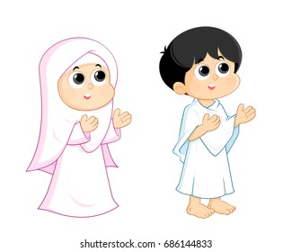 a Muslim boy and girl are wearing hajj clothes