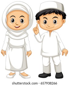 Muslim boy and girl in white outfit illustration