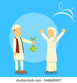 muslim boy giving ketupats to muslim girl