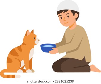 Muslim boy giving water to a ginger cat in a bowl. A 2D illustration of a young Muslim boy kneeling and offering a blue bowl of water to a sitting ginger tabby cat. Ideal for religious education or animal welfare campaigns.