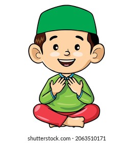 Muslim boy in green is praying happily