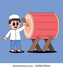 Muslim boy hitting drum cartoon