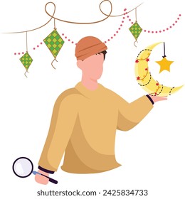 Muslim Boy holding Crescent Moon and Magnifier Glass concept, Symbolic Moon sighting ritual vector design, Eid al-Azha Eid ul Kabir Symbol, Hajj Sign, Muslims religious Festival Stock illustration