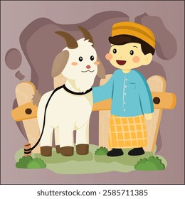 Muslim Boy Holding Goat in Eid al-Adha Celebration, Flat Illustration with Warm Colors. Perfect for Islamic Holiday Theme