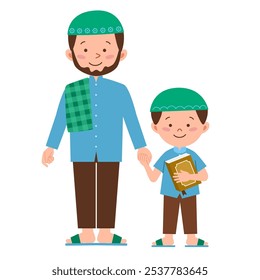 Muslim boy holding hand with his dad and holding Quran