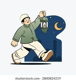 Muslim Boy holding lantern in night