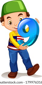 Muslim boy holding math number nine illustration