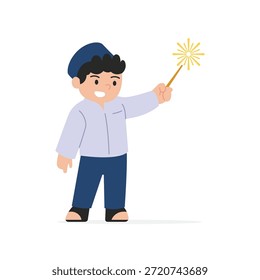 Niño musulmán que sostiene la ilustración del carácter del fuegos artificiales de la bengala