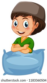 A muslim boy hugging pillow illustration