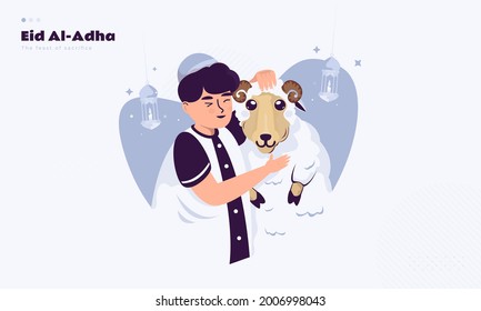 A Muslim boy hugging a sheep in Eid al-Adha illustration greeting concept