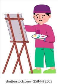 Muslim boy kid character smiling happy painting activity skill paint creativity hobby easel stand canvas watercolor palette skullcap hat Islam religion child colorful illustration