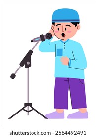 Muslim boy kid character standing position Adzan Adhan Salat praying call Islam religion worship time calling male child sacred activity skullcap hat colorful clothes microphone icon design