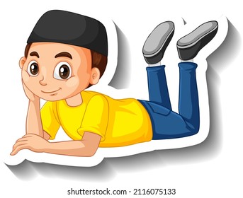 A muslim boy laying down cartoon character illustration