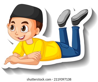 A muslim boy laying down cartoon character illustration