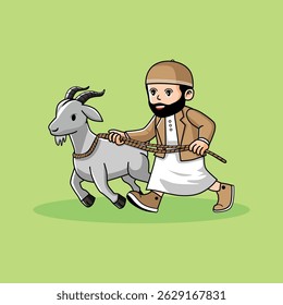 Muslim Boy Leading Goat for Islamic Eid al-Adha Celebration