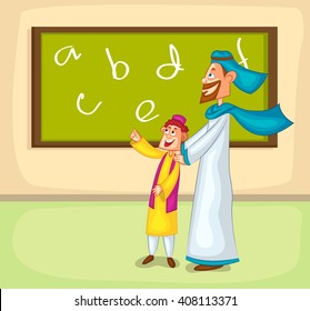 Muslim boy learning from parent  in vector