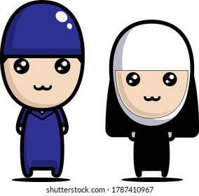 A Muslim Boy With A Nun Vector Character Illustration