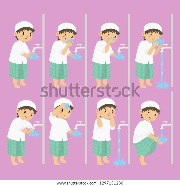 Muslim boy\
perform ablution steps, to clean self before prayer or shalat.\
Ablution steps for children vector\
collection