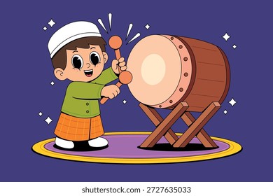 Muslim Boy Playing Bedug Drum for Eid Celebration