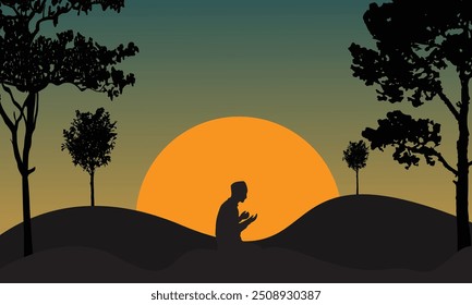 A muslim boy pray got and sunrise